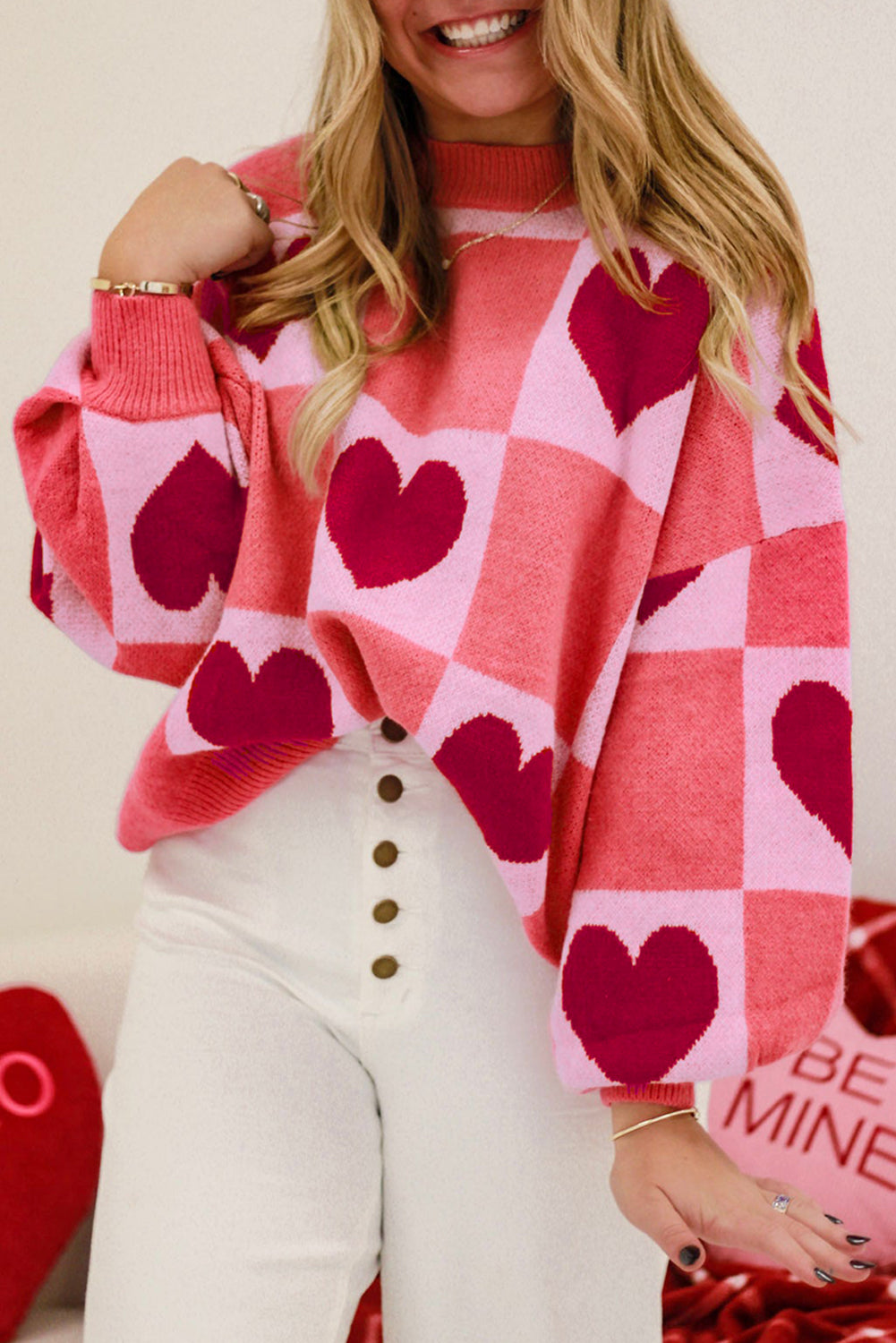 Pink Plus Size Love Heart Block Mock Neck Sweater Valentine Dear-Lover Dropshipping