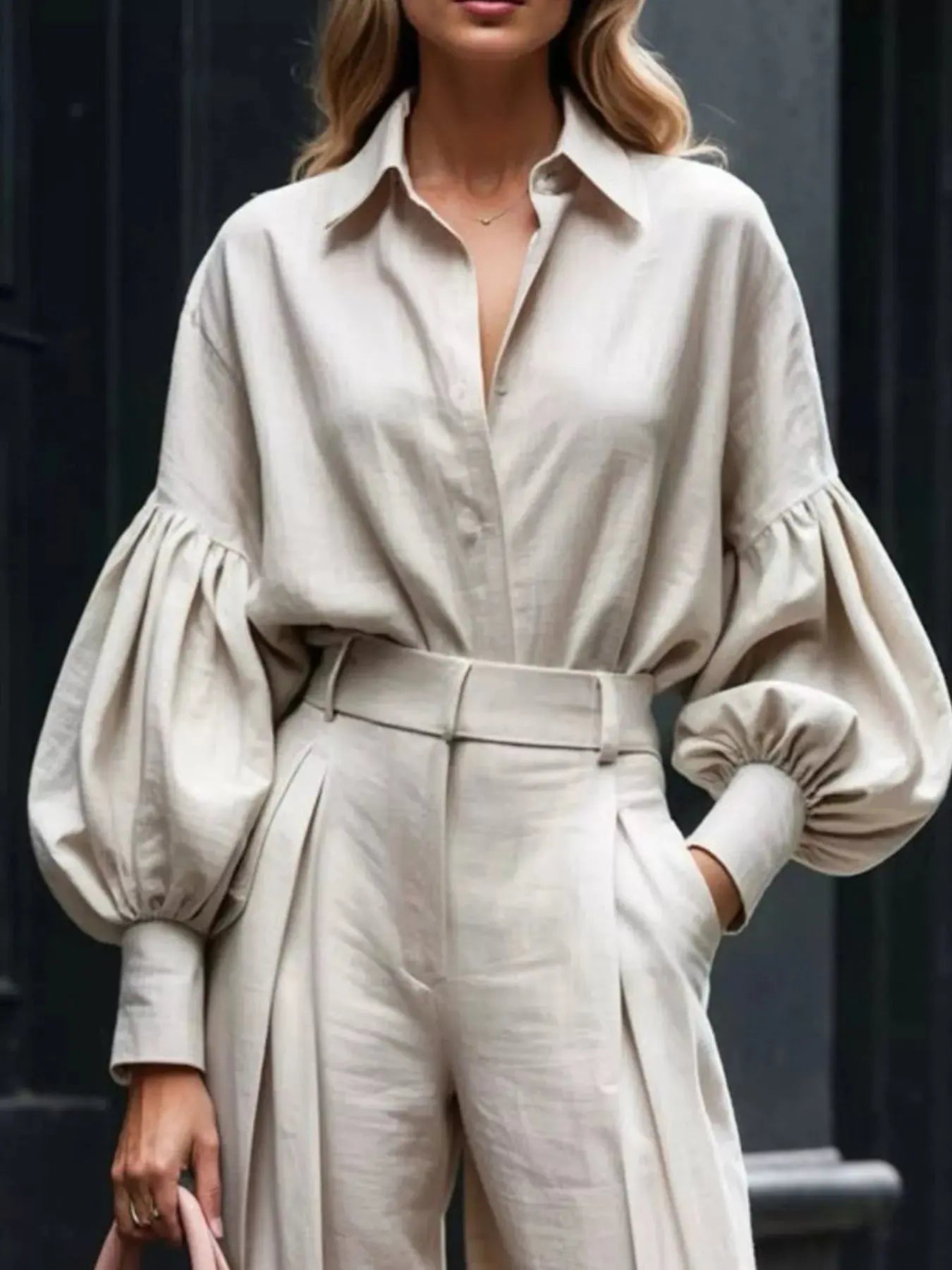 Lantern Sleeve Shirt and Wide Leg Pants Set Simply Love