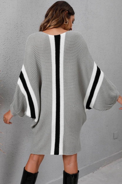 Ribbed Round Neck Long Sleeve Sweater Dress.