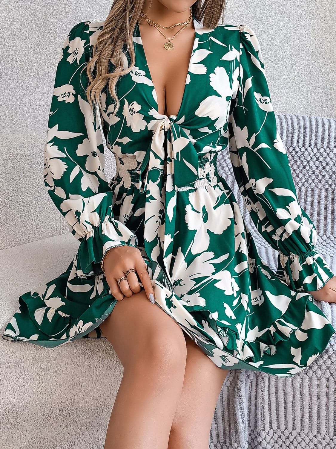 Tied Ruffled Printed Long Sleeve Dress.