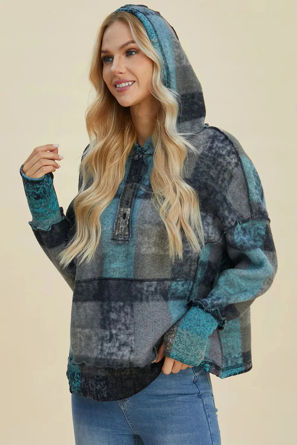 Double Take Full Size Plaid Dropped Shoulder Fleece Hoodie - Love Salve