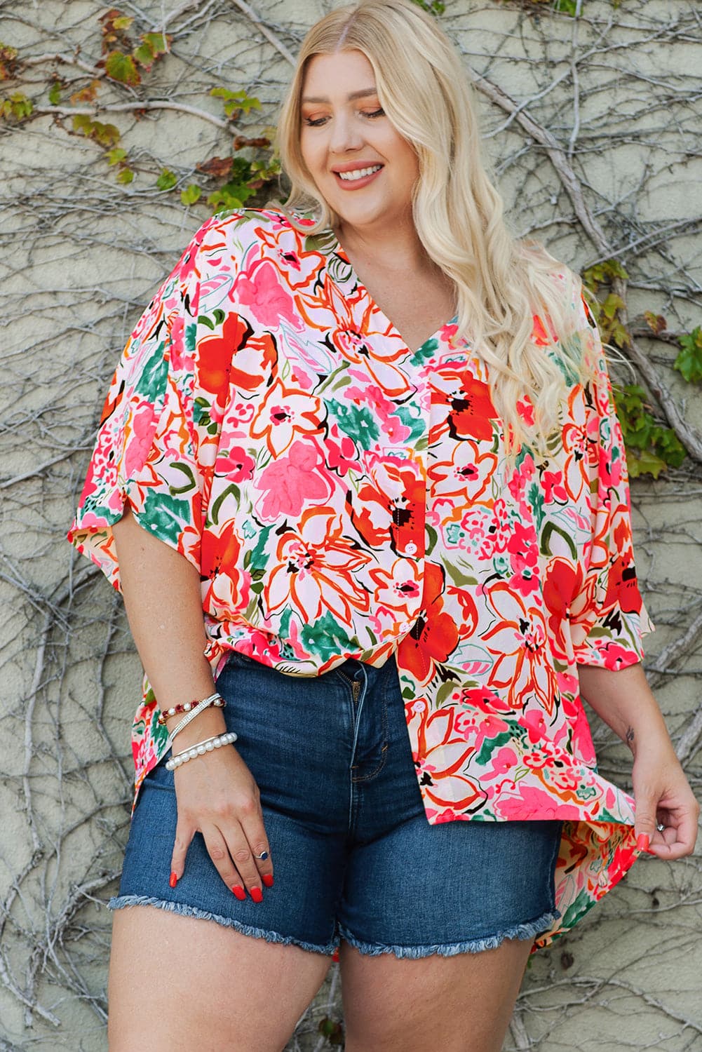 Plus Size Floral V-Neck Half Sleeve Shirt.