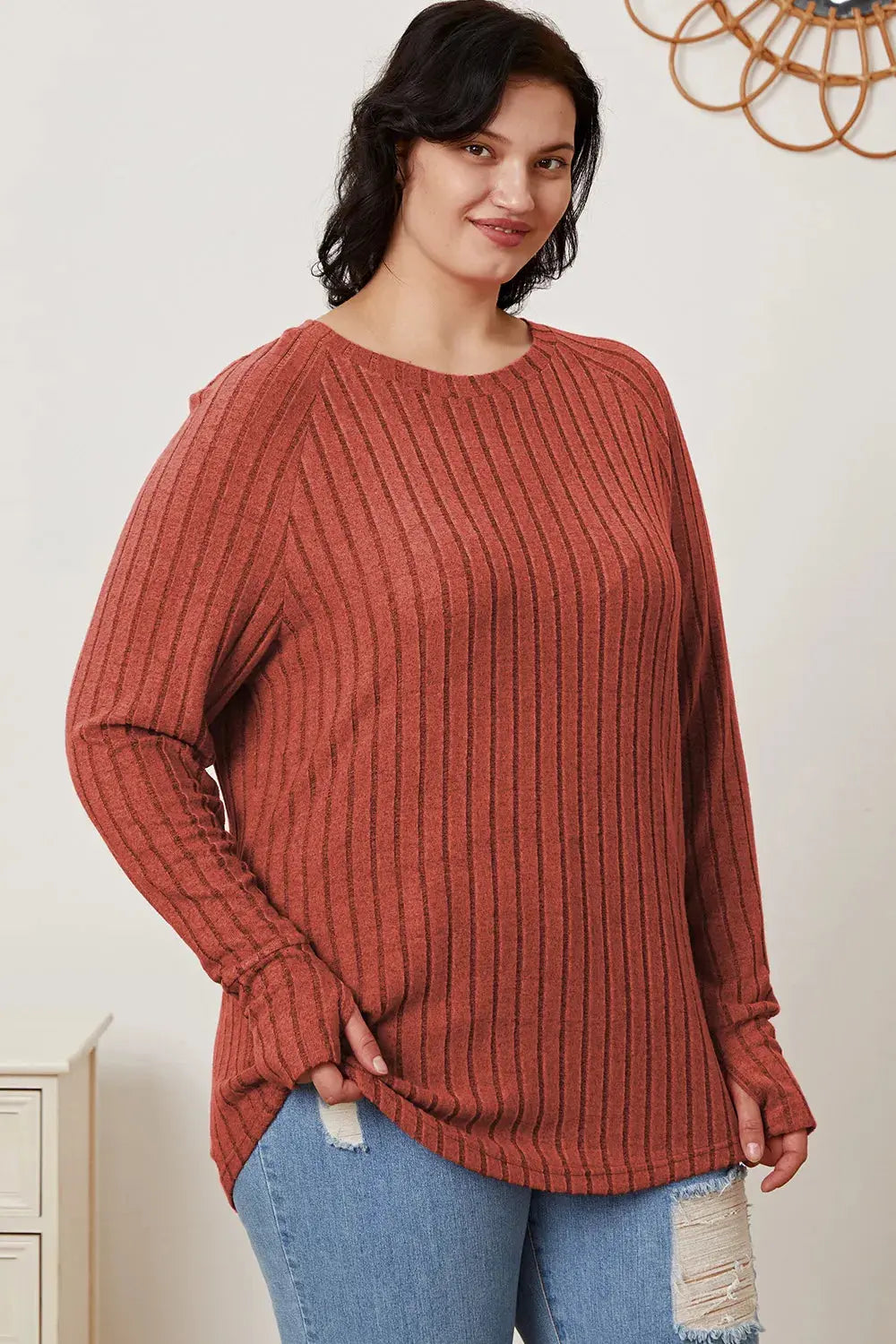 Basic Bae Full Size Ribbed Thumbhole Sleeve T-Shirt - Love Salve