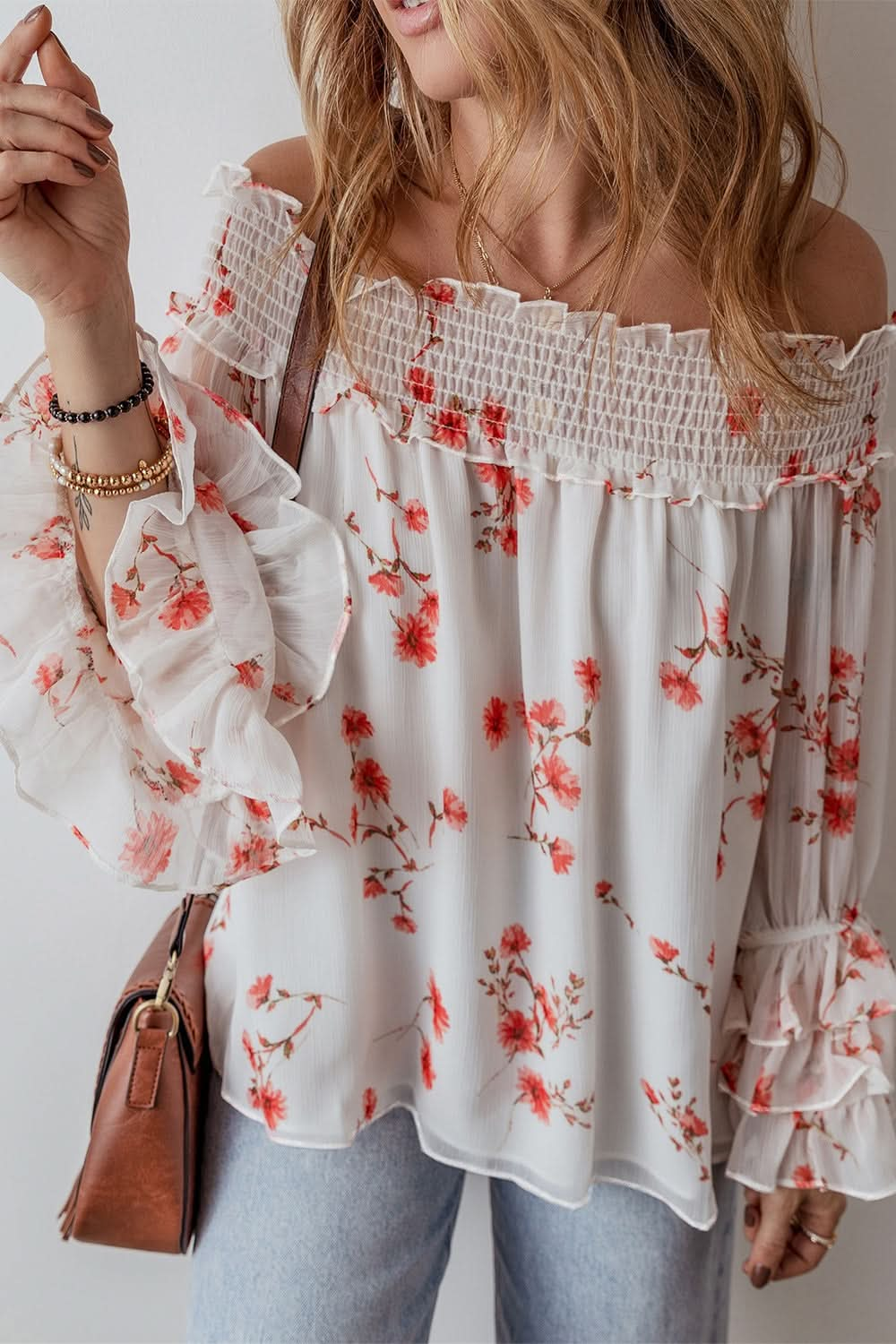 Floral Smocked Off-Shoulder Blouse with Ruffled Flounce Sleeves