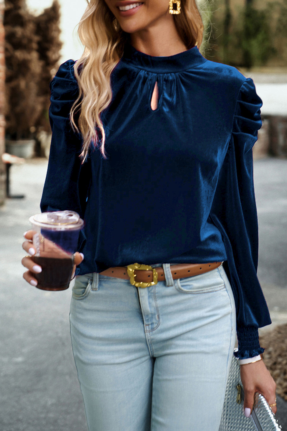 Elegant sky blue velvet blouse with mock neck and puff sleeves