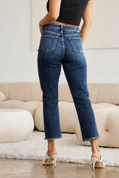 RFM Full Size Tummy Control Distressed High Waist Raw Hem Jeans.