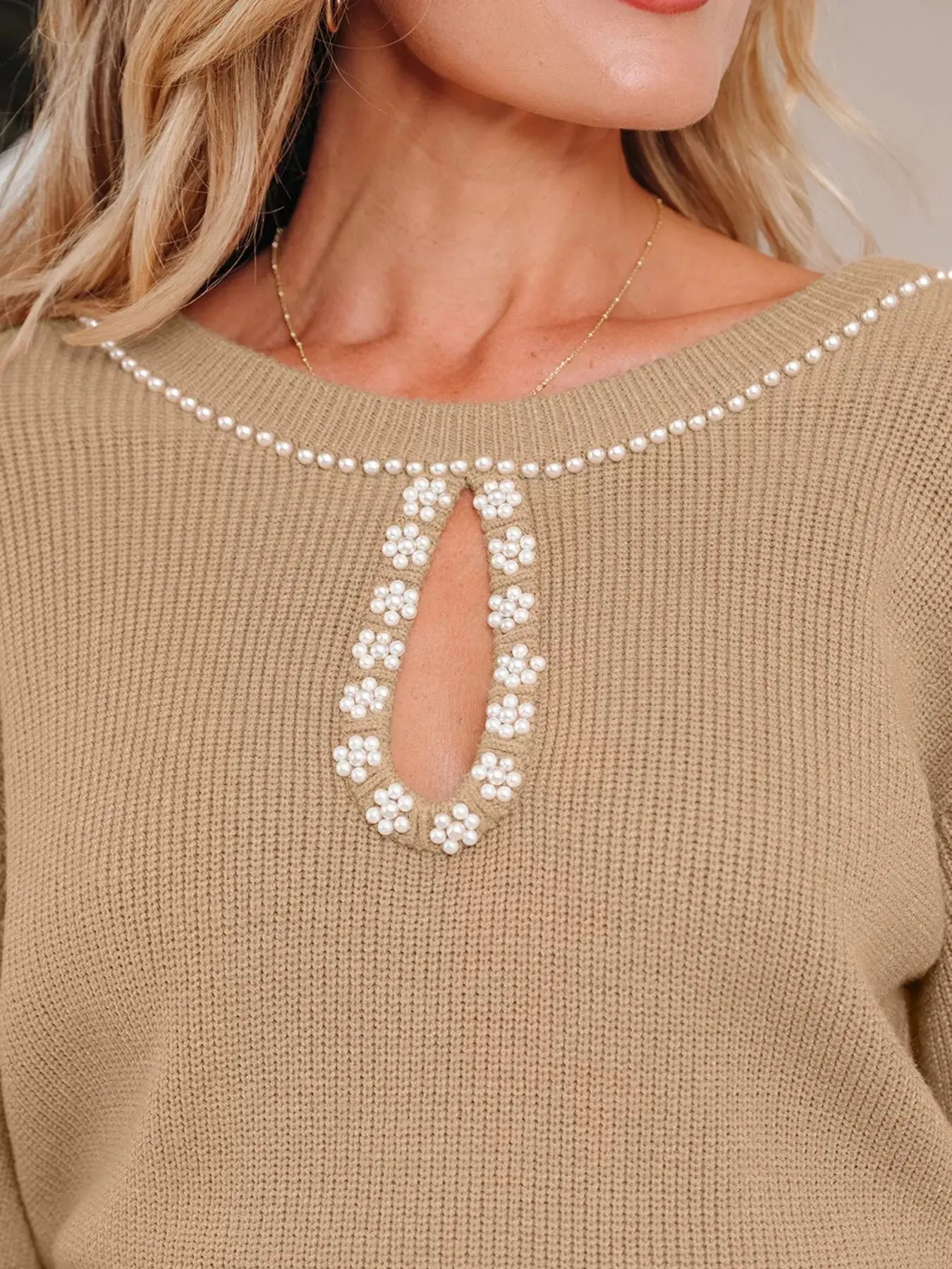 Pearl Embellished Keyhole Ribbed Sweater Dress Simply Love