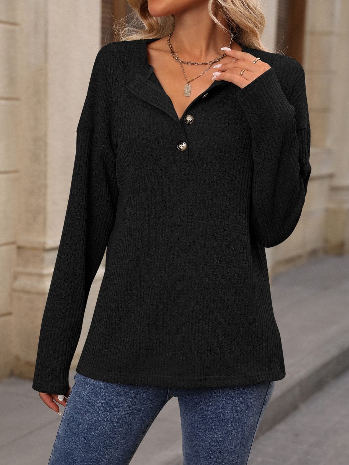 Half Button Long Sleeve T-Shirt.