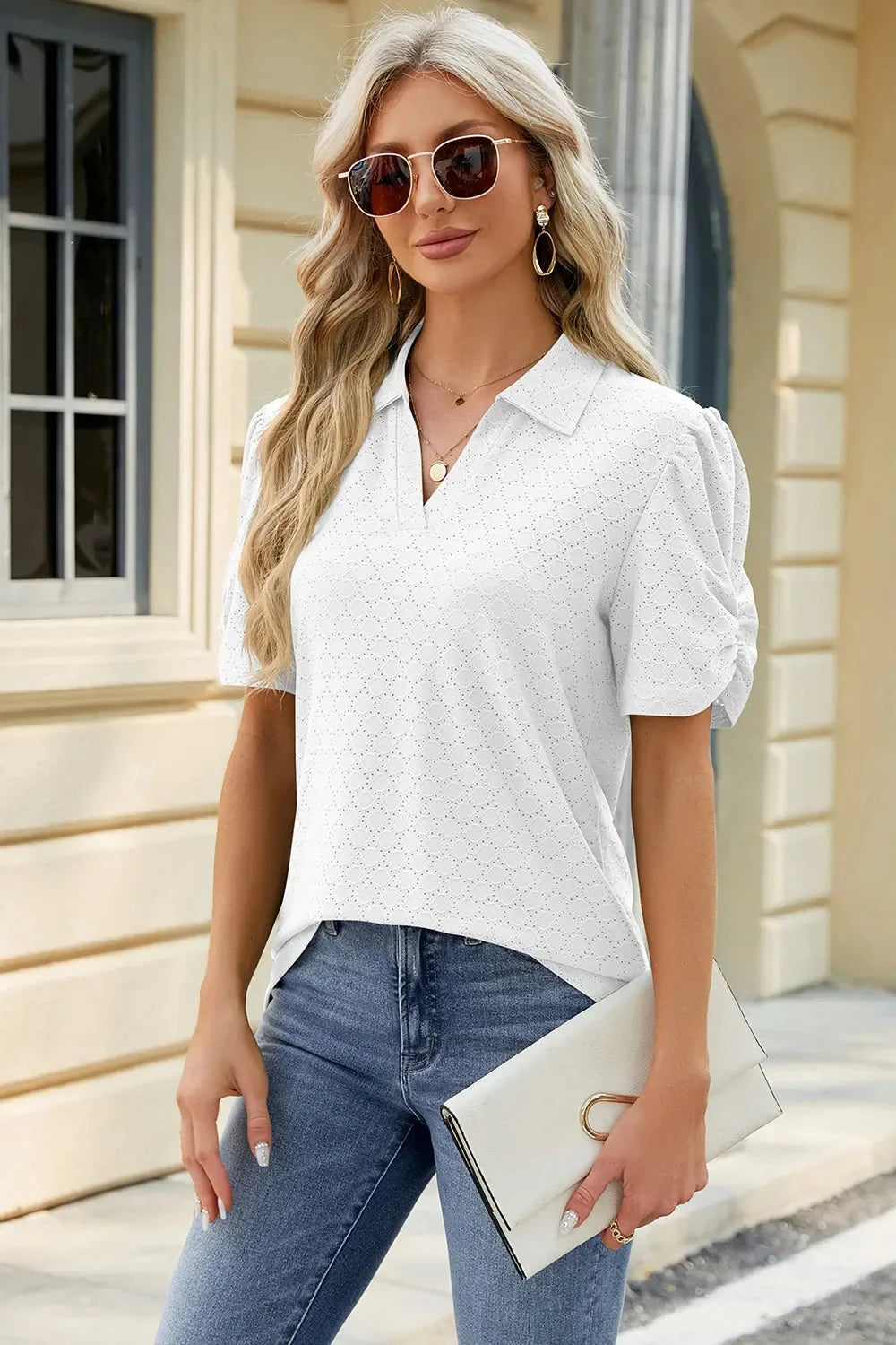 Eyelet Johnny Collar Puff Sleeve Blouse Coco’s Tee Boutique
