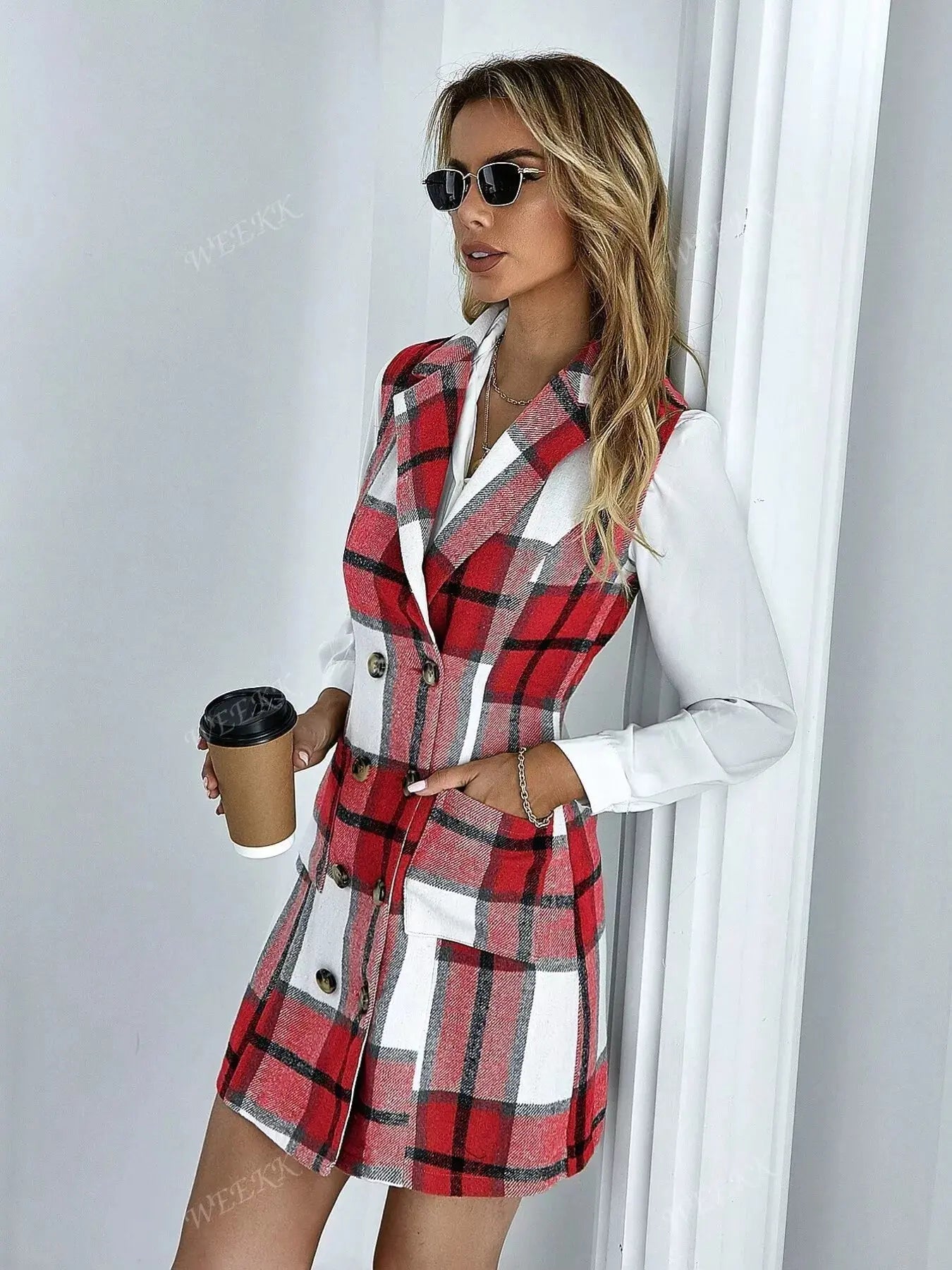 Plaid Double-Breasted Sleeveless Blazer Dress Simply Love