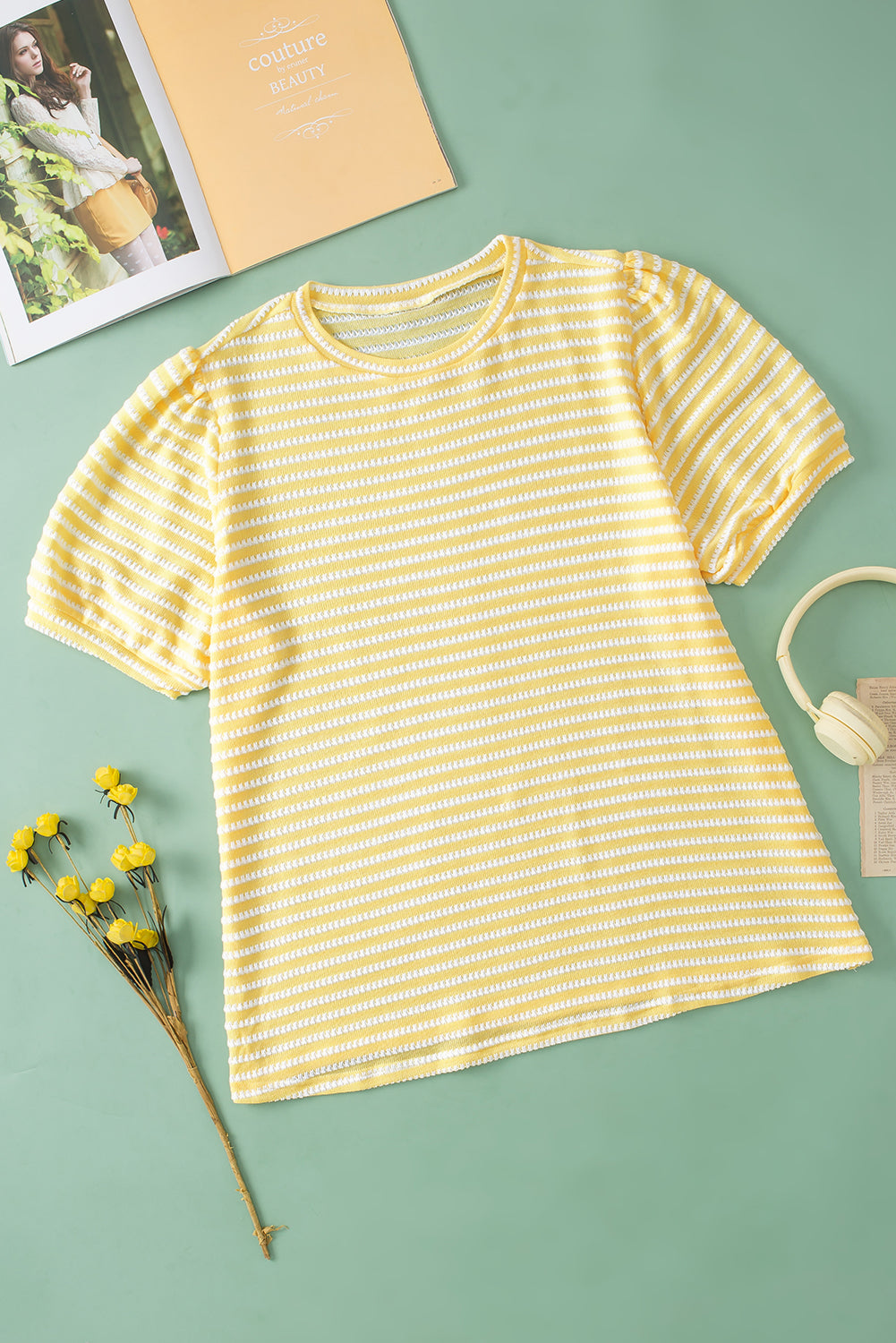 Chic yellow striped puff sleeve plus size jumper