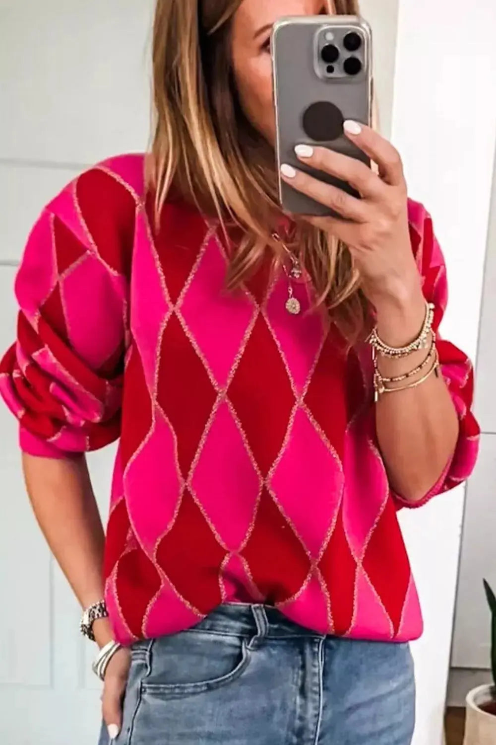 Argyle Pattern Long Sleeve Sweater Simply Love
