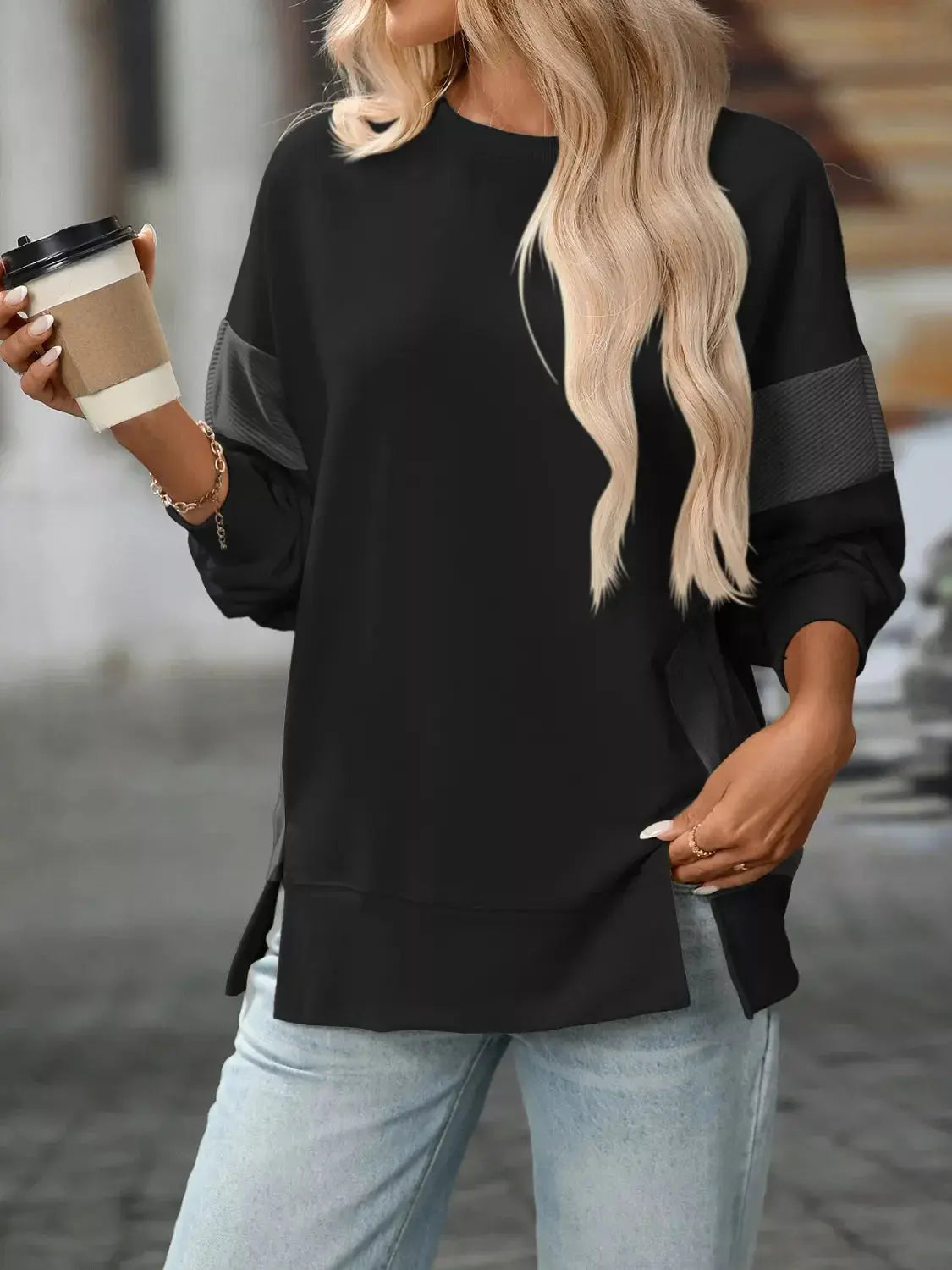 Side Slit Round Neck Sweatshirt Simply Love