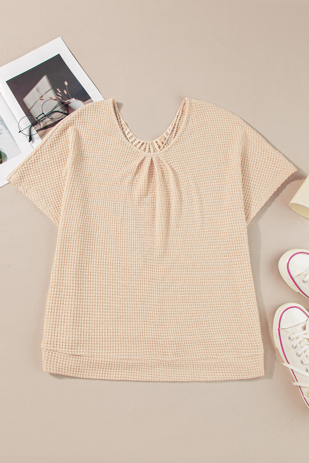 Beige textured plus size tee with lace detail