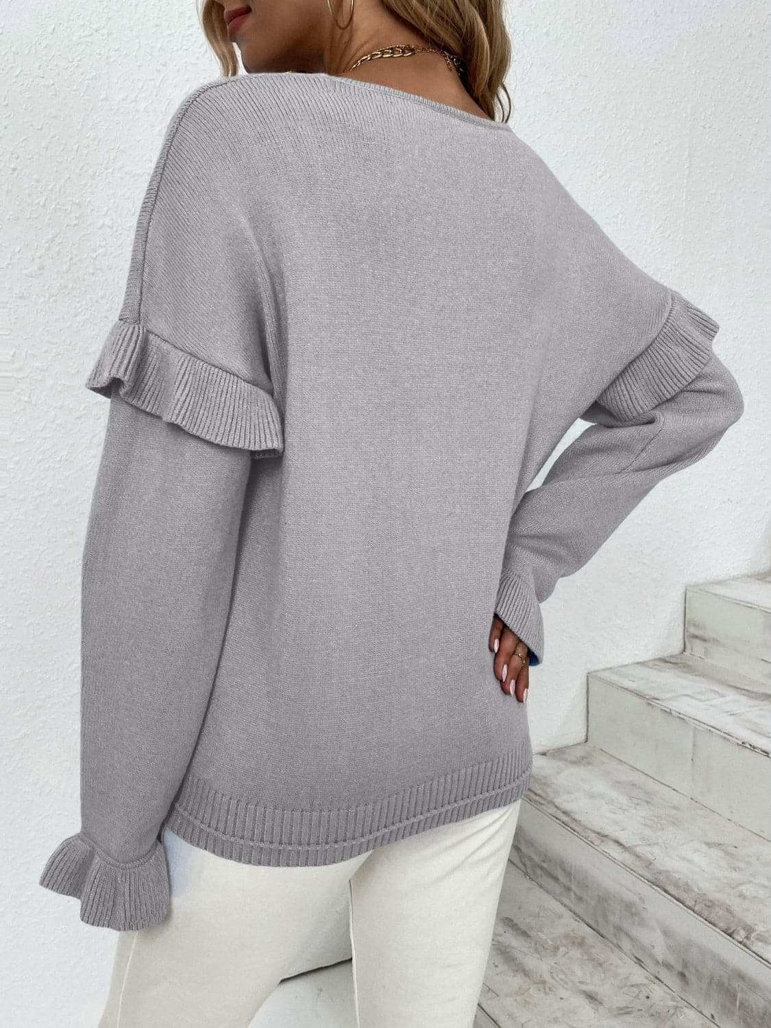 Ruffled V-Neck Dropped Shoulder Sweater.