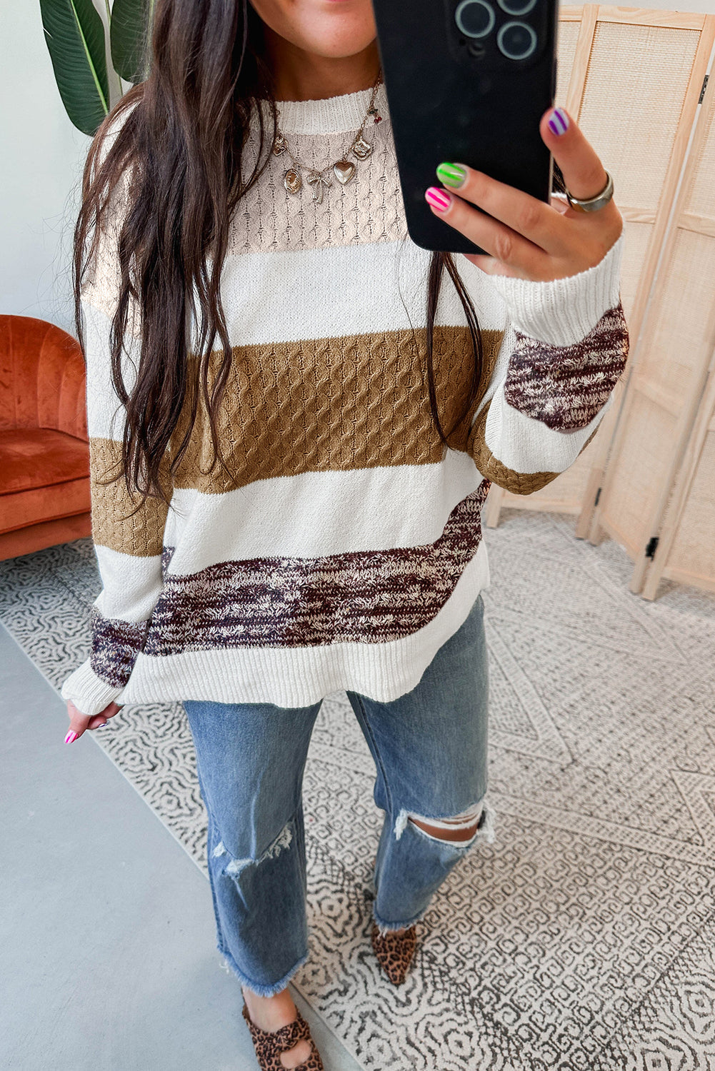 Brown Mixed Texture Knit Striped Color Block Loose Pullover Sweater For Women Cozy Casual Knitwear Dear-Lover Dropshipping
