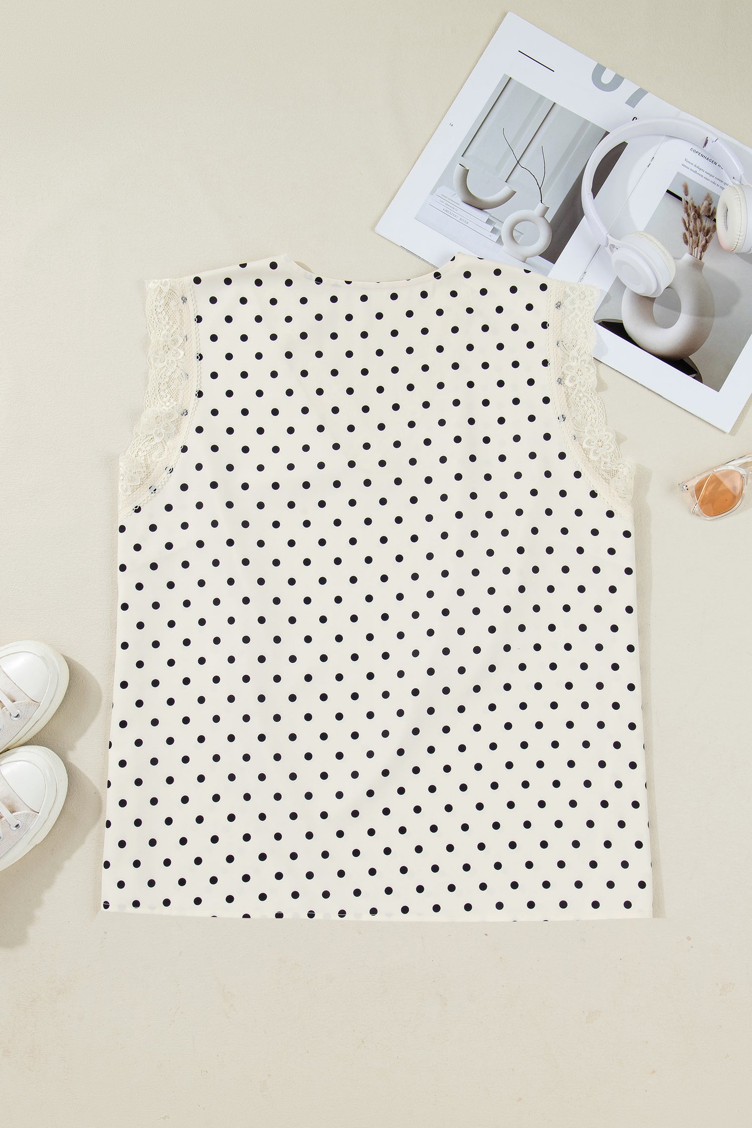 Apricot Plus Size Polka Dot Print Lace Trim V Neck Sleeveless Top - Love Salve