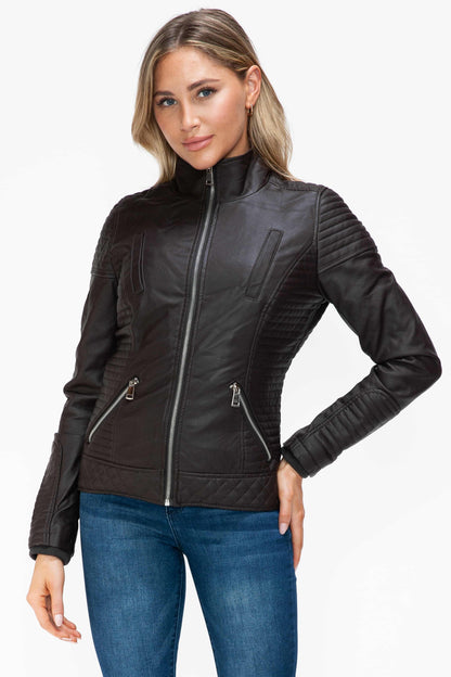 YMI Faux Layered Double-Zipper Jacket with Fuzzy Hood