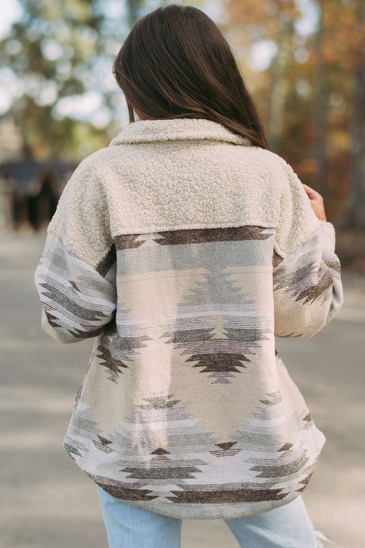 Khaki sherpa coat with aztec print