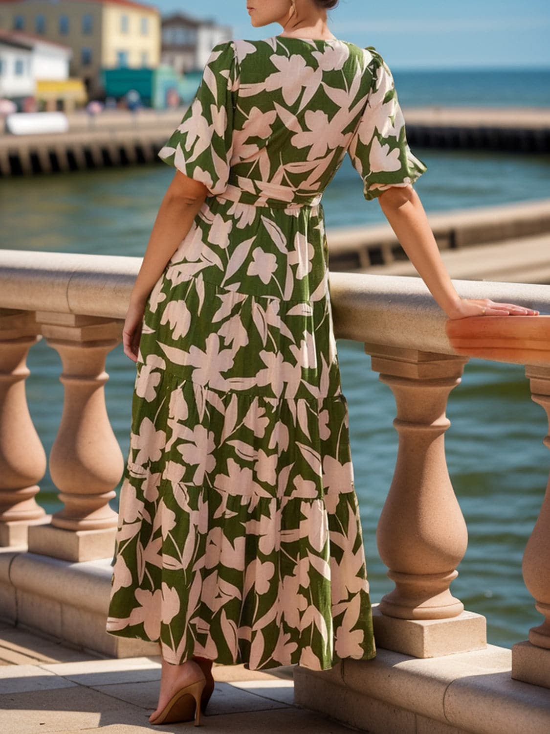 Tied Slit Printed Half Sleeve Midi Dress.