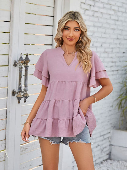 Tiered Notched Short Sleeve Blouse.