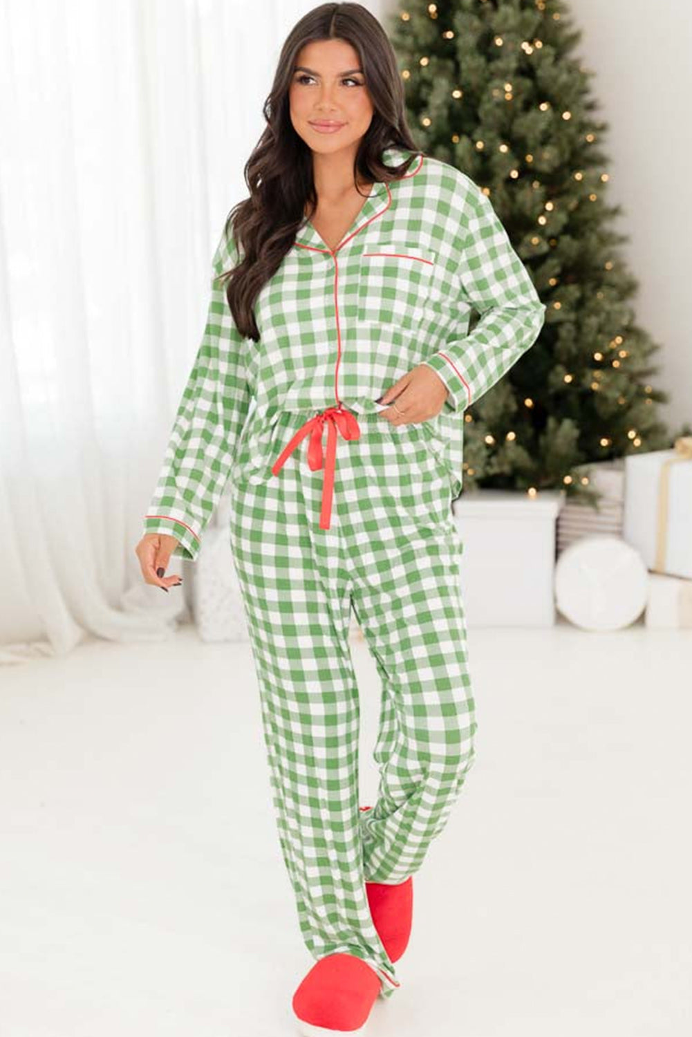 Light green plaid Christmas pajama set for cozy holiday nights