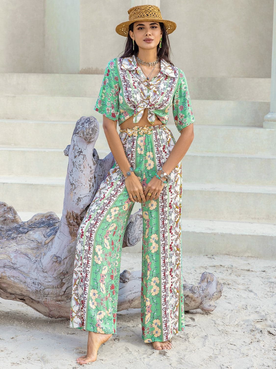 Printed Half Sleeve Top and Wide Leg Pants Set.