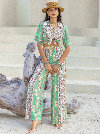 Printed Half Sleeve Top and Wide Leg Pants Set.