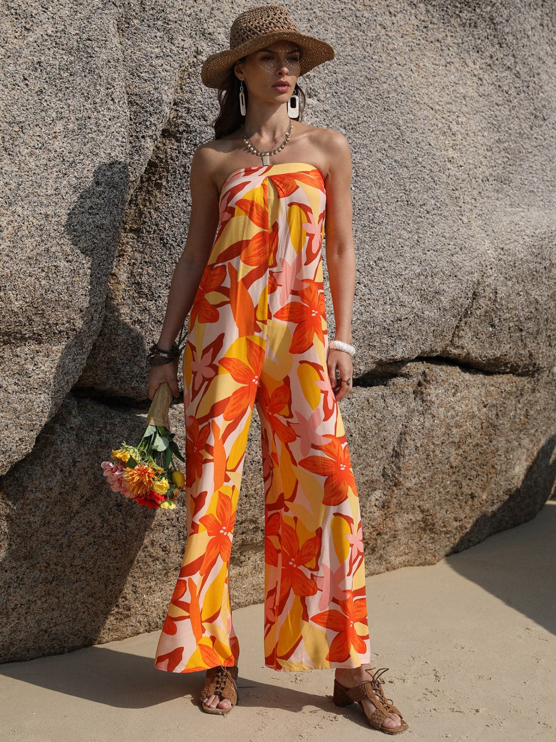 Tied Printed Tube Wide Leg Jumpsuit.