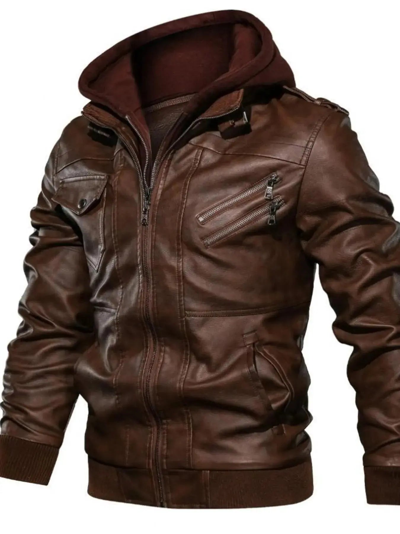 Men's Vintage Hooded PU Leather Jacket Plus Size Lined Simply Love