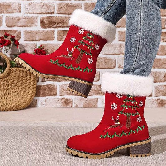Christmas Embroidered Block Heel Ankle Boots Simply Love