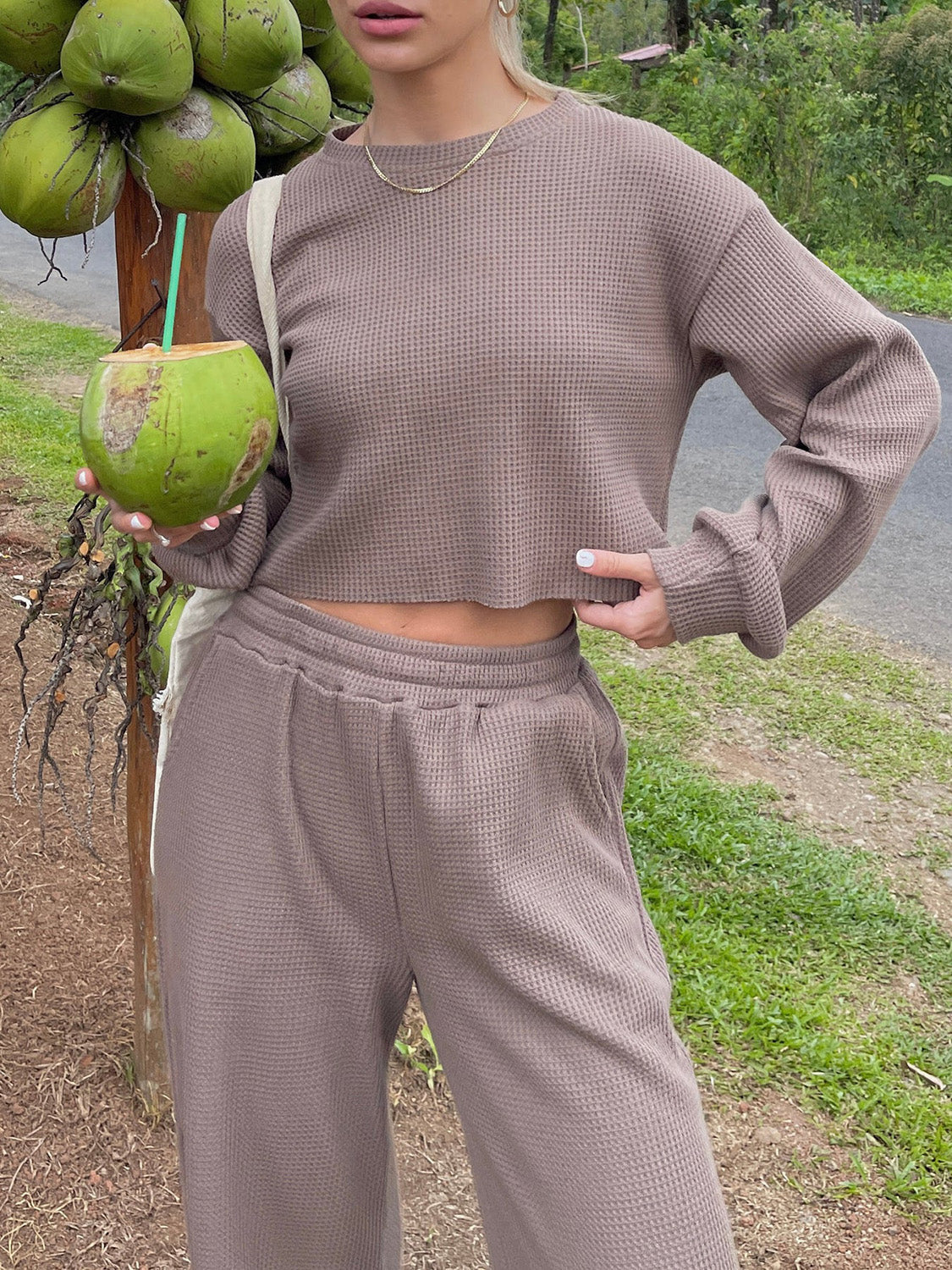 Waffle-Knit Round Neck Top and Pants Set Coco’s Tee Boutique