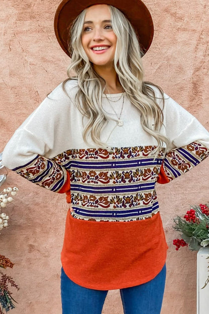 Ethnic print color block top