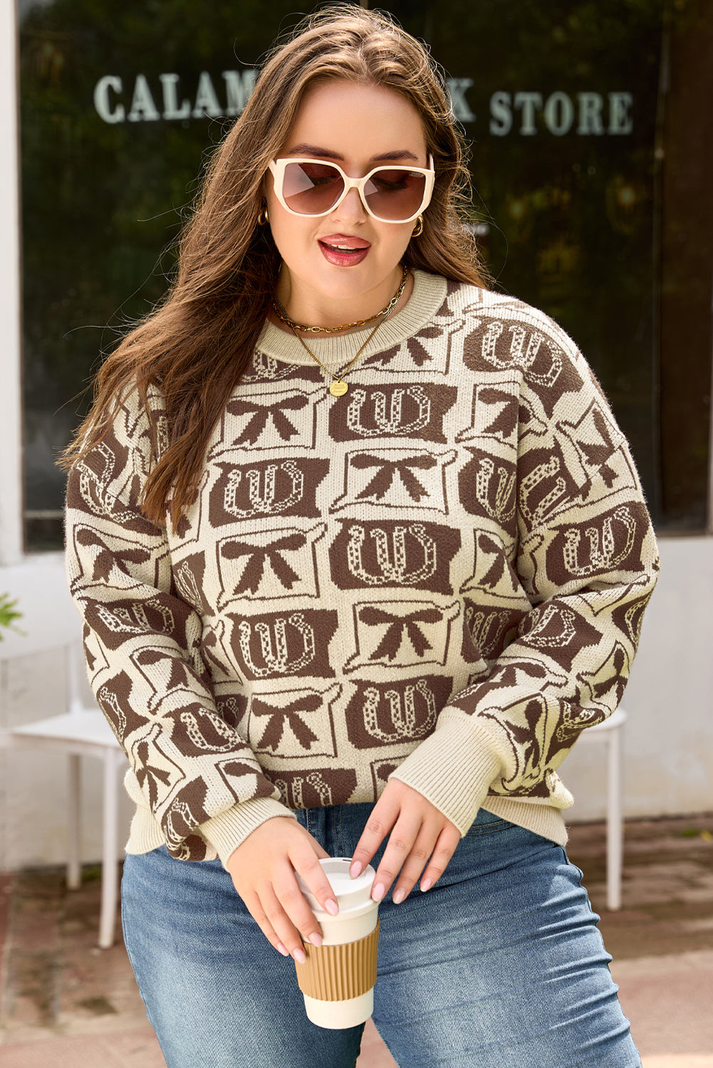 Brown Bow Horseshoe Print Checkered Plus Size Knit Sweater Dear-Lover Dropshipping