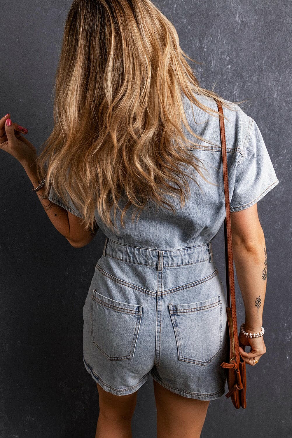 Collared Neck Short Sleeve Denim Romper.