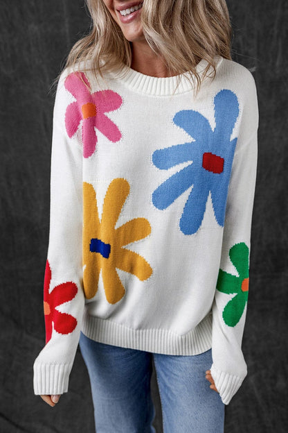 Flower Round Neck Dropped Shoulder Sweater.