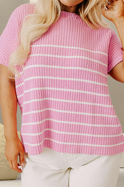 Plus Size Striped Round Neck Cap Sleeve Knit Top.