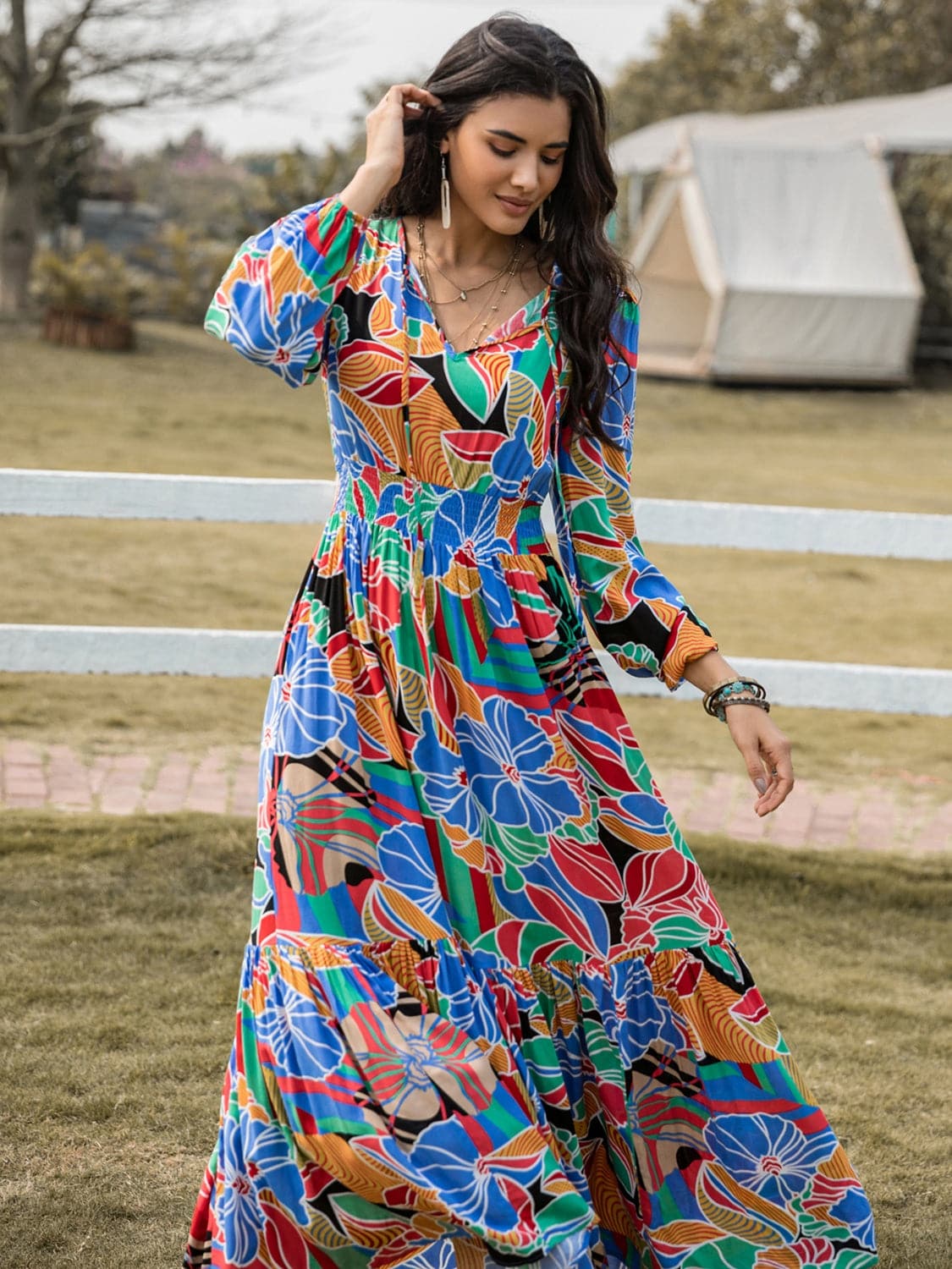 Printed Smocked Tie Neck Balloon Sleeve Maxi Dress.