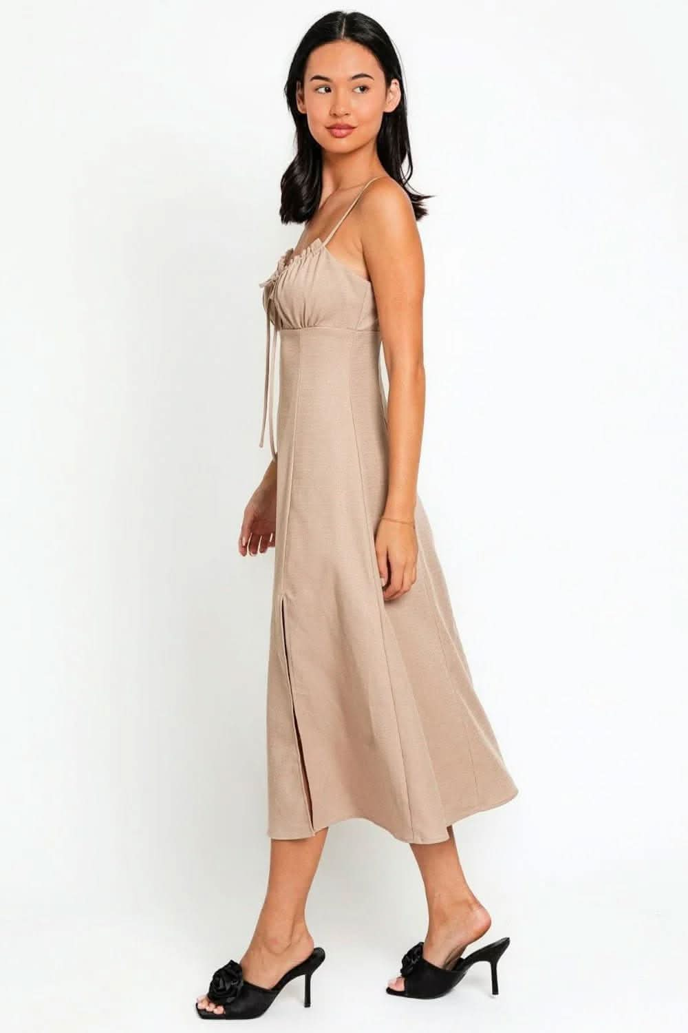 Love Salve Flare Front Tie Front Slit Midi Dress