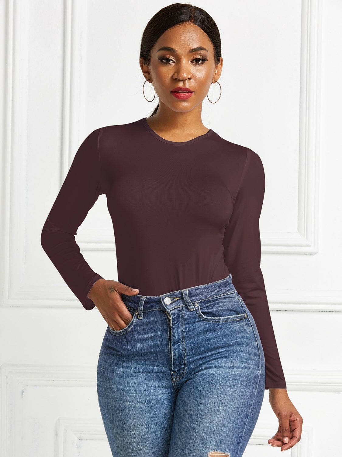 Round Neck Long Sleeve Bodysuit.