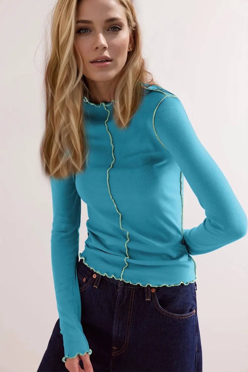 Basic Bae Contrast Trim Mock Neck Long Sleeve T-Shirt - Love Salve