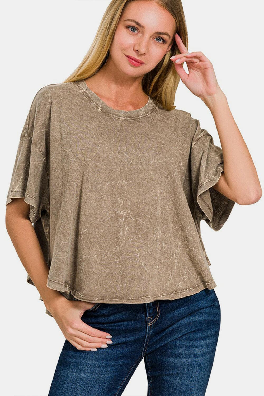 Zenana Washed Round Neck Drop Shoulder Cropped T-Shirt.