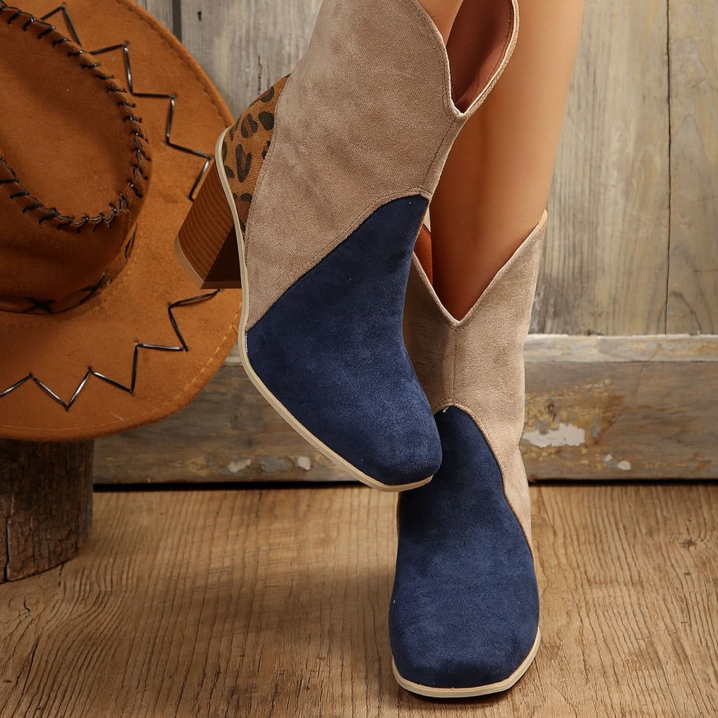 Suede Square Toe Block Heel Boots