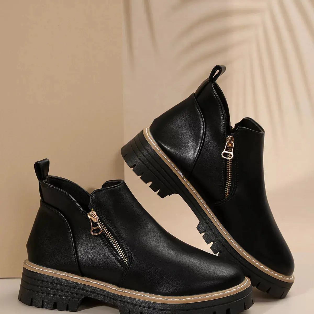 PU Leather Ankle Boots With Zipper Detail And Chunky Sole Simply Love