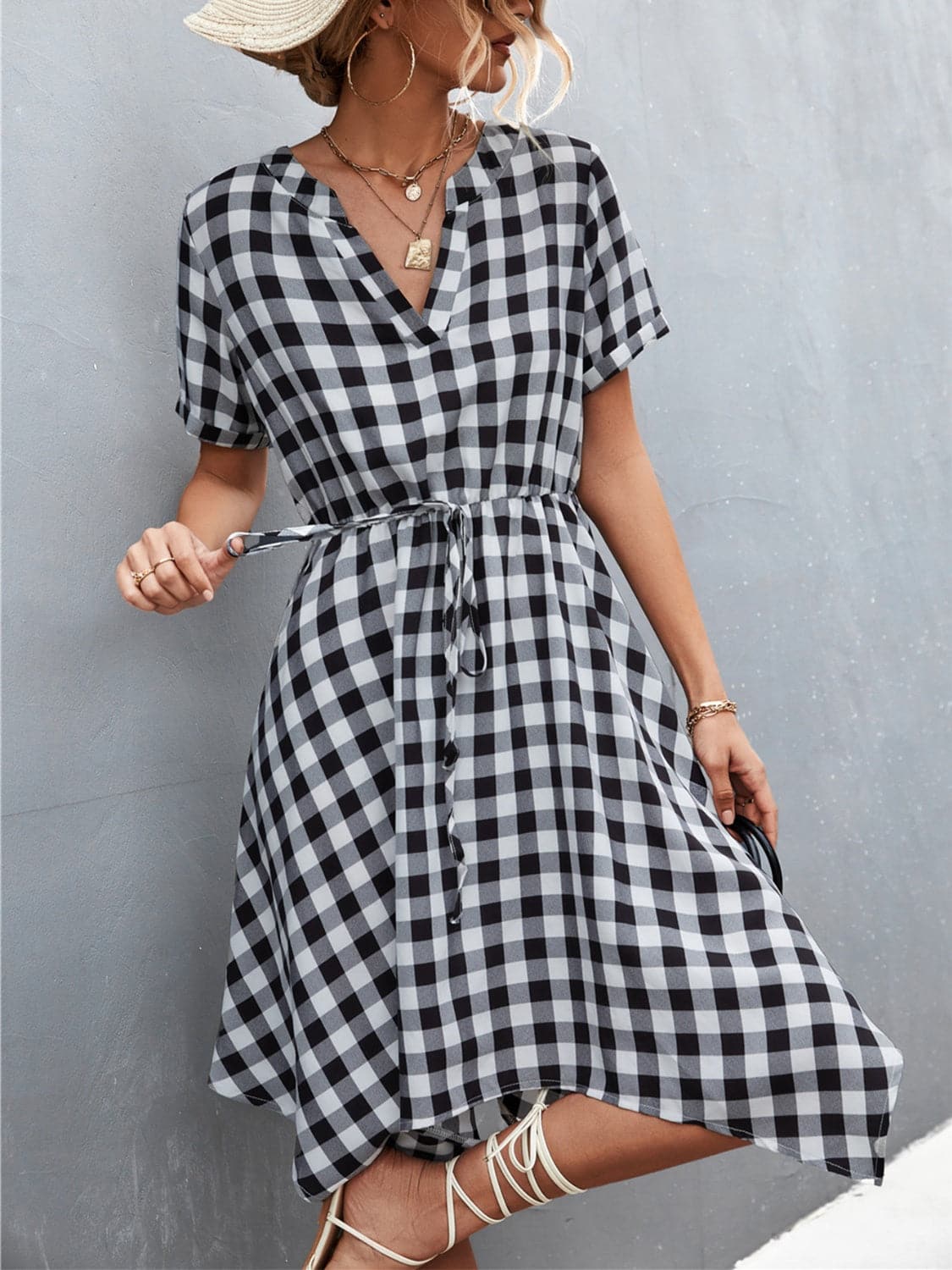 Plaid Notched Short Sleeve Dress.