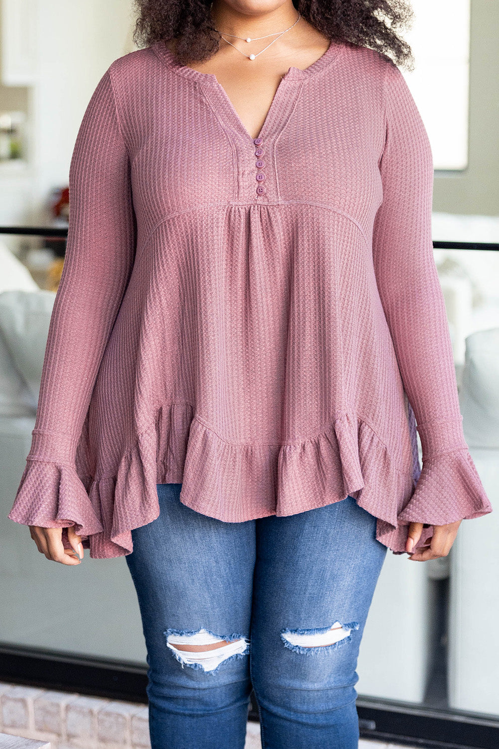 Chic pink plus size ruffled babydoll top in waffle knit