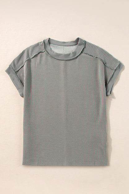 Chic medium grey textured knit t-shirt with exposed stitching