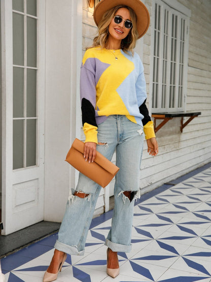 Color Block Round Neck Dropped Shoulder Sweater.