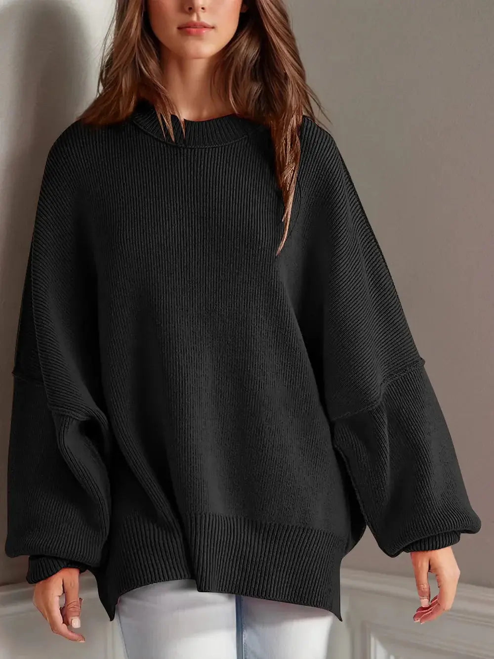 Double Take Side Slit Round Neck Long Sleeve Sweater - Love Salve
