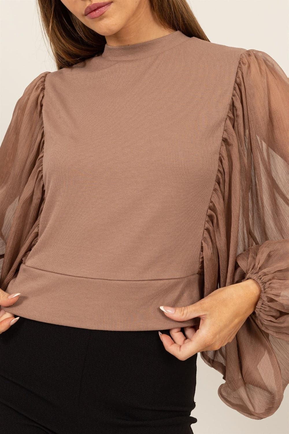 HYFVE Ruched Sheer Long Sleeve Mock Neck Blouse.